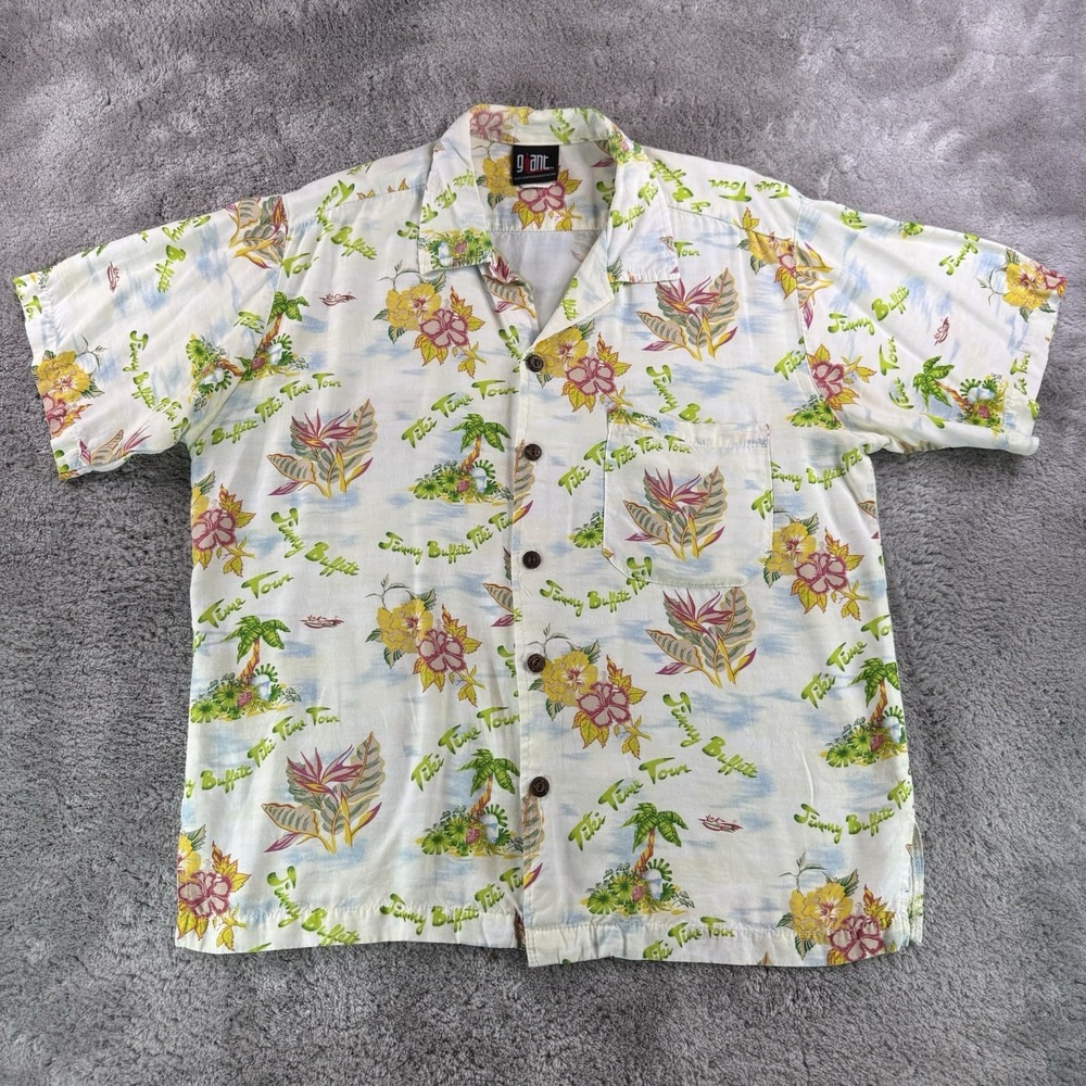 Vintage Jimmy‎ Buffett Tiki Time Tour Button Shirt GIANT USA Rayon Hawaiian M